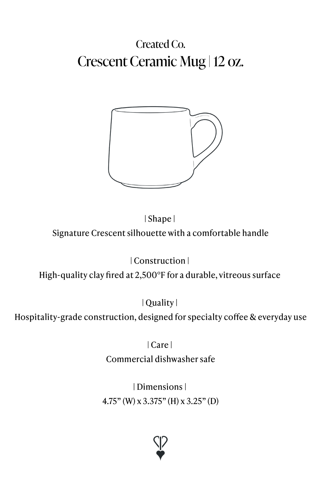 A product information card for the Created Co. Crescent Ceramic Mug, 12 oz.