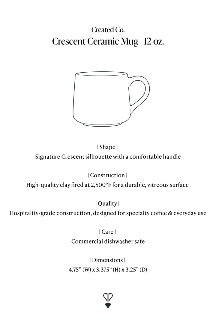A product information card for the Created Co. Crescent Ceramic Mug, 12 oz.