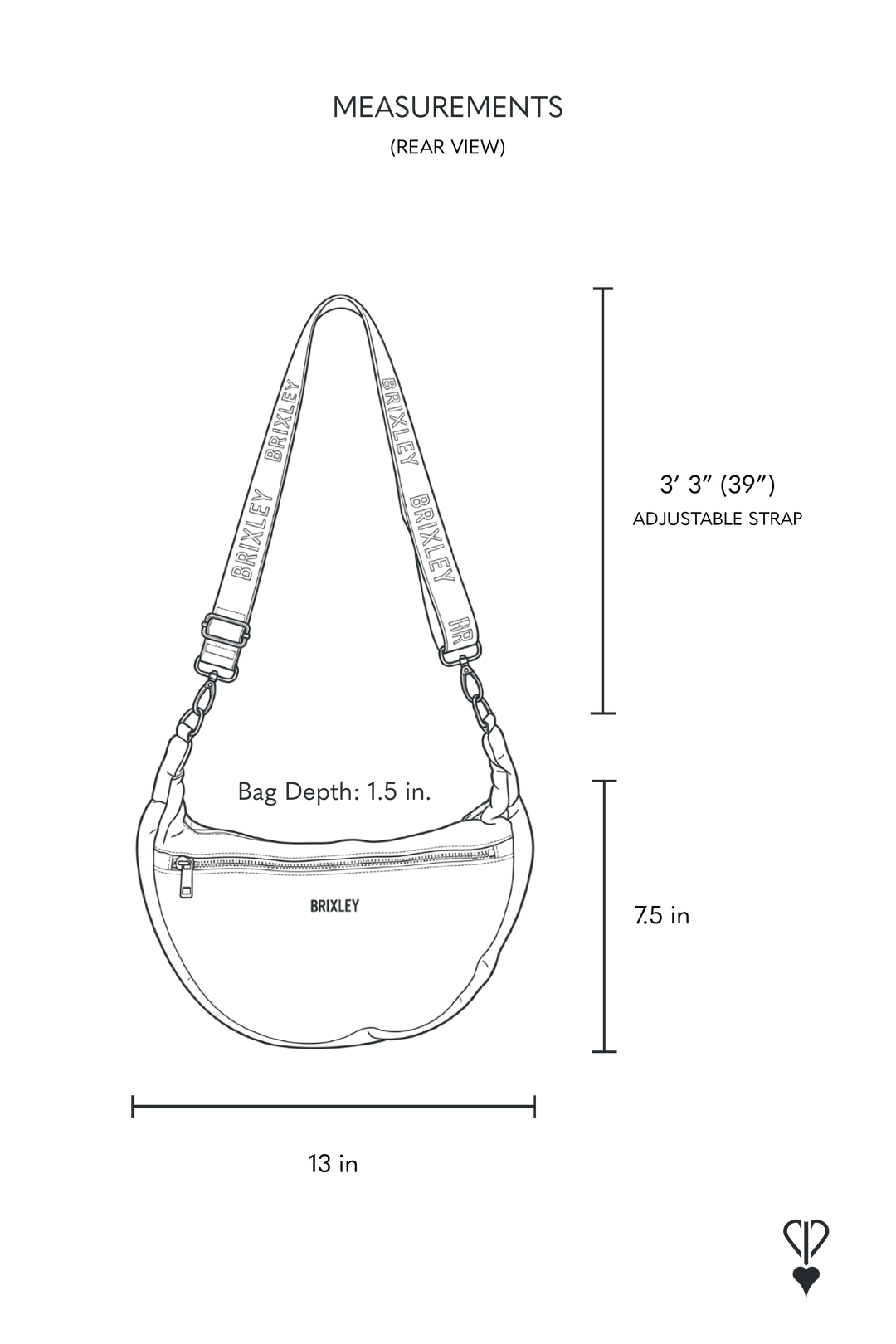Black crescent-shaped crossbody bag with a zippered front pocket, adjustable strap, and metal hardware. Measurement guides illustrate the bag’s width, height, and strap length.