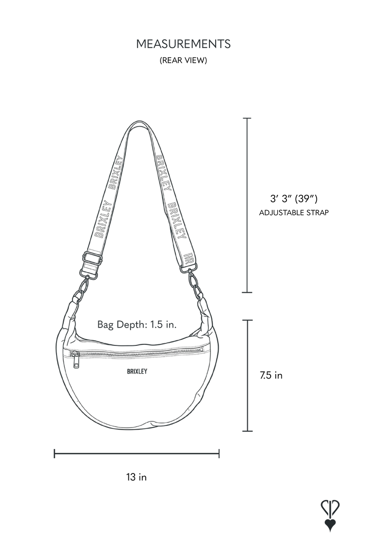 Black crescent-shaped crossbody bag with a zippered front pocket, adjustable strap, and metal hardware. Measurement guides illustrate the bag’s width, height, and strap length.