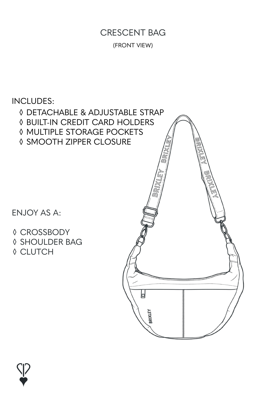 Black and white product information graphic for the Crescent Bag, showing a line drawing of the bag with text listing included features and how to wear it.