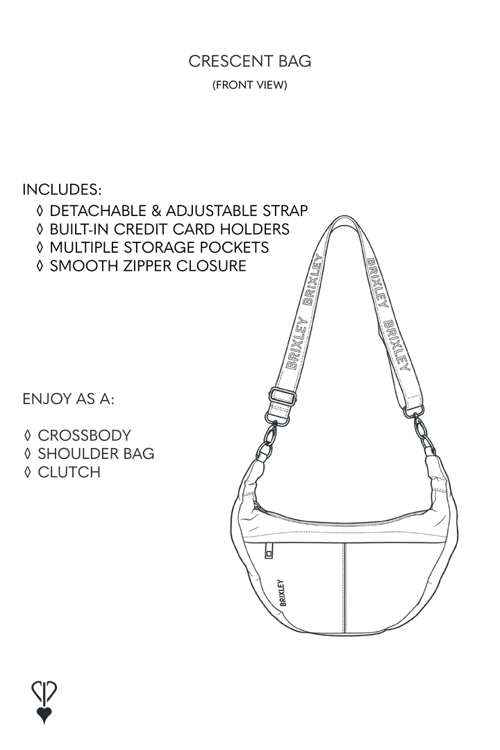 Black and white product information graphic for the Crescent Bag, showing a line drawing of the bag with text listing included features and how to wear it.