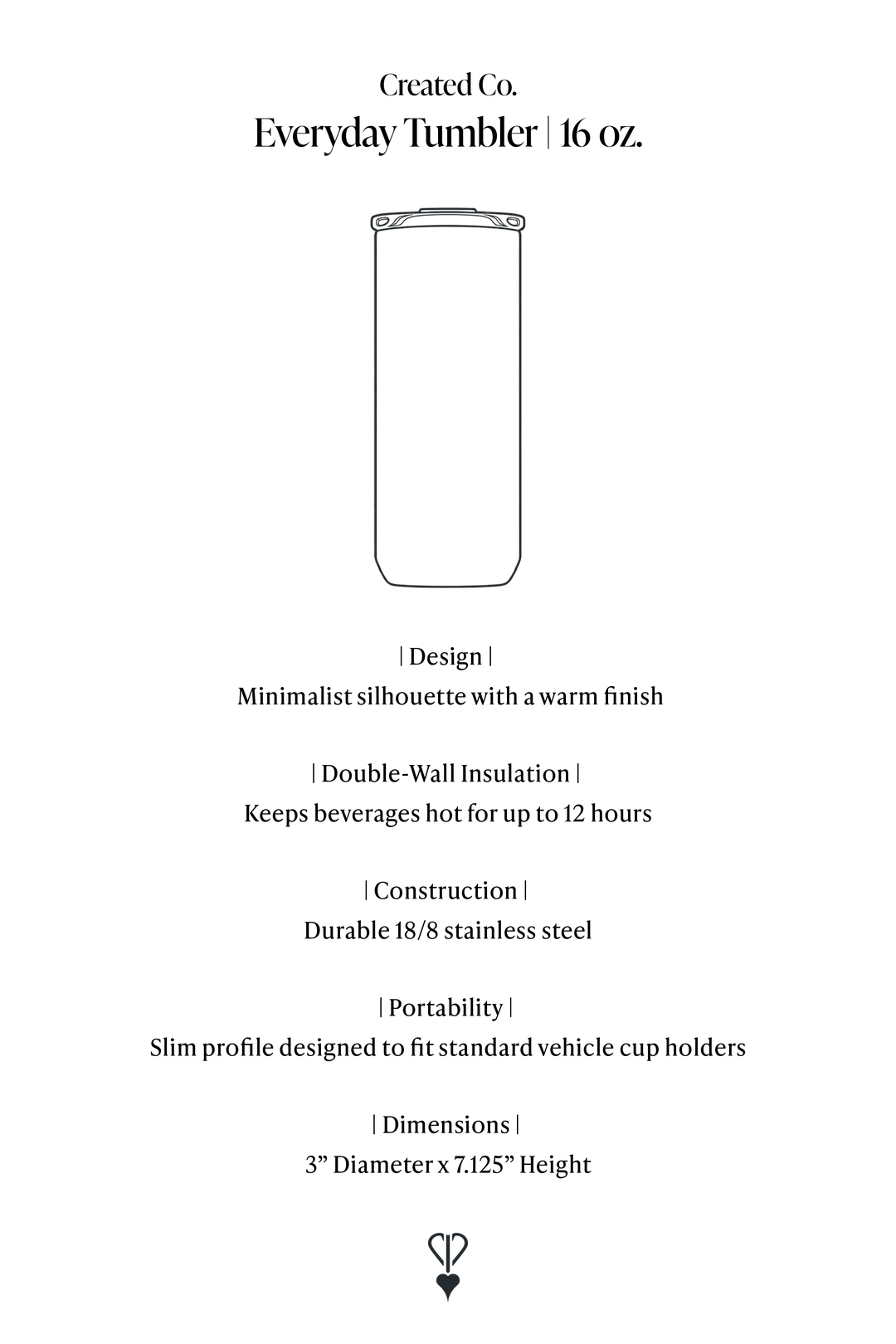A product specification sheet for the Created Co. Everyday Tumbler in 16 oz.
