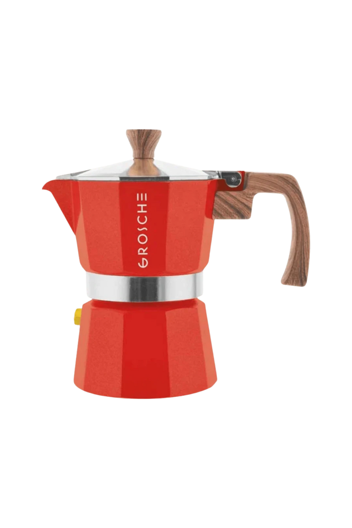 A red moka pot espresso maker with a wood-grain print handle and lid knob, featuring the brand name 'GROSCHE' printed vertically on the side, set against a plain white background.
