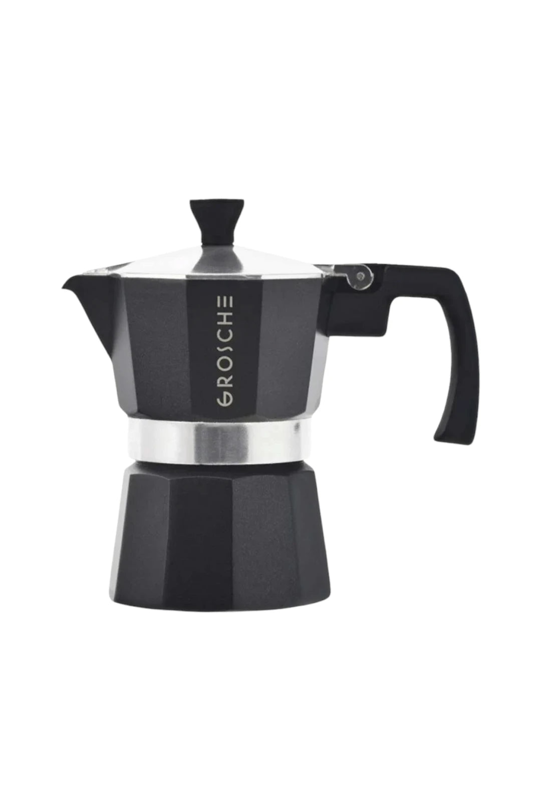 A black and stainless steel moka pot, also known as a stovetop espresso maker, with the brand name 'GROSCHE' printed vertically on the side, set against a plain white background.