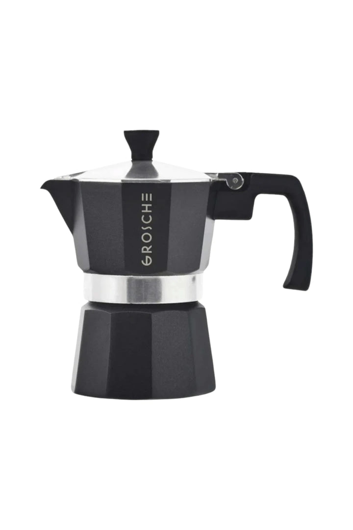 A black and stainless steel moka pot, also known as a stovetop espresso maker, with the brand name 'GROSCHE' printed vertically on the side, set against a plain white background.