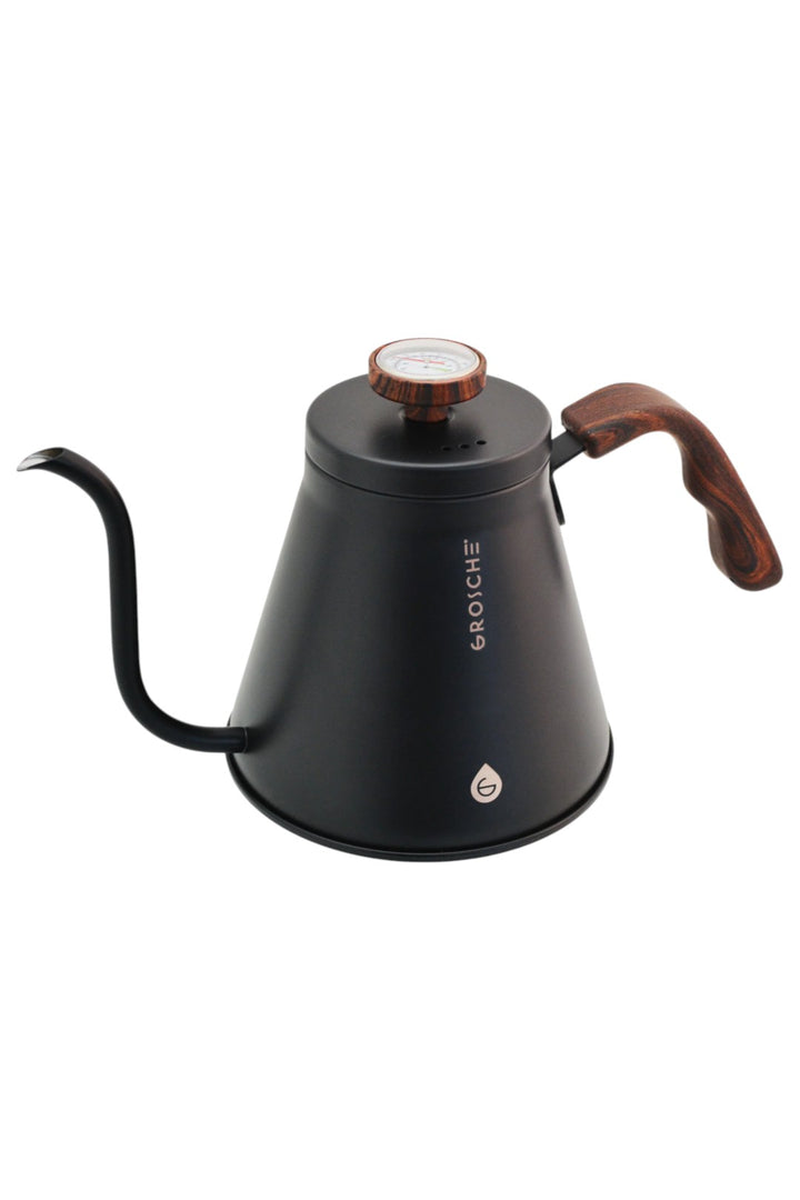A black GROSCHE pour-over coffee kettle with a long gooseneck spout, a dark brown wood-grain handle (Thermoplastic elastomer (TPE)), and a temperature gauge on the lid, shown against a plain white background.