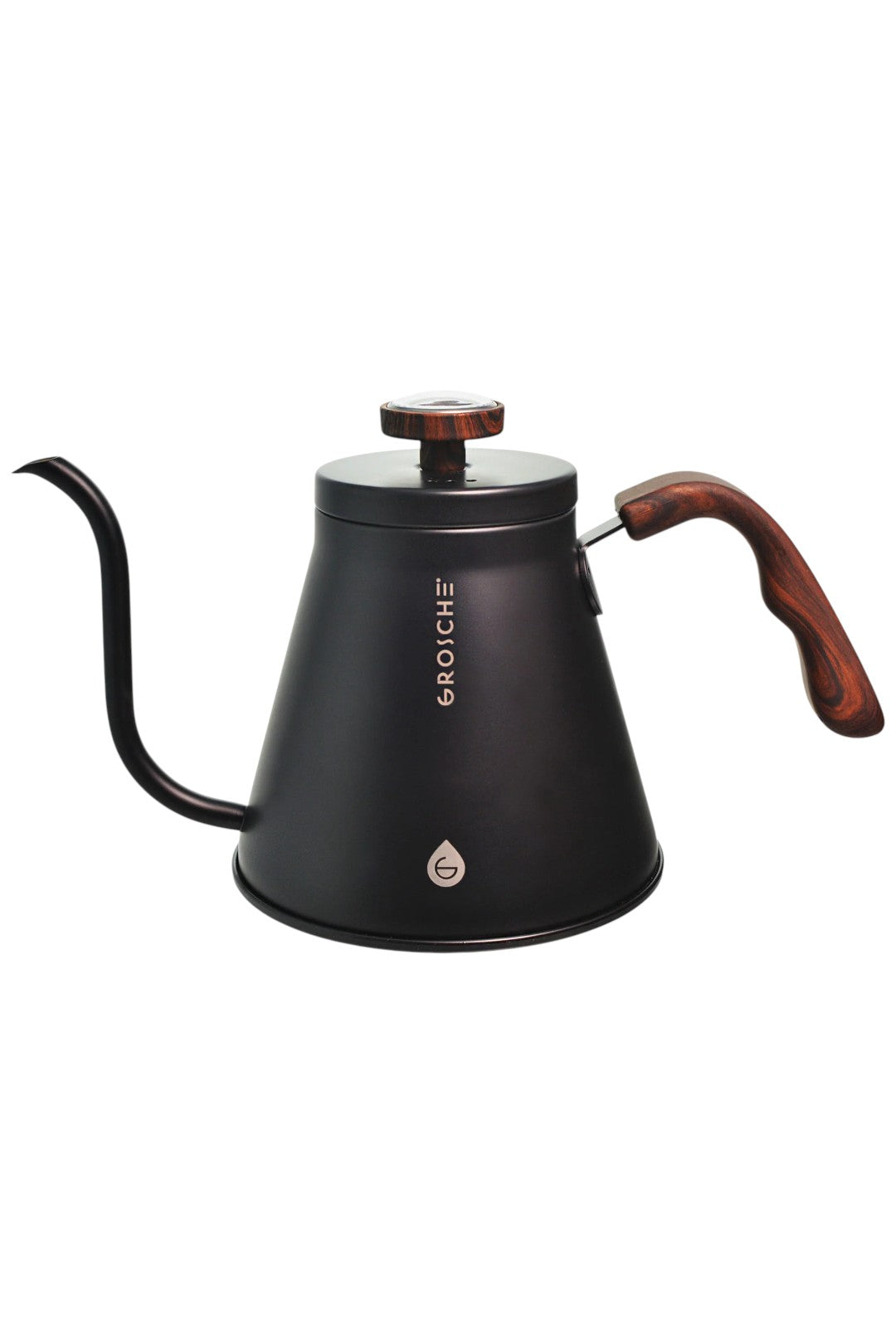 A matte black gooseneck coffee kettle with a long soft touch handle and matching lid knob, featuring the brand name 'GROSCHE' printed vertically on the front.