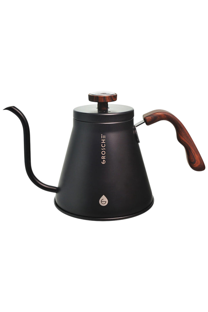 A matte black gooseneck coffee kettle with a long soft touch handle and matching lid knob, featuring the brand name 'GROSCHE' printed vertically on the front.