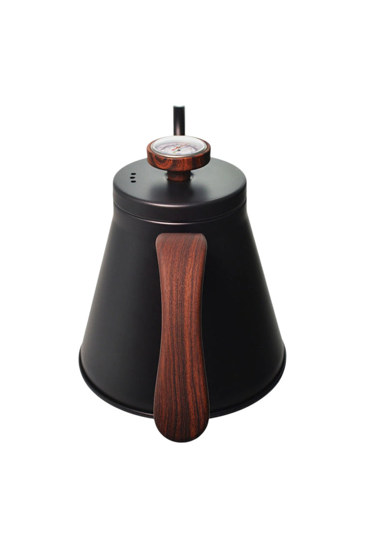 A matte black conical kettle with a dark brown wood-grain handle (Thermoplastic elastomer (TPE)) and a small round temperature gauge on top, shown against a plain white background.