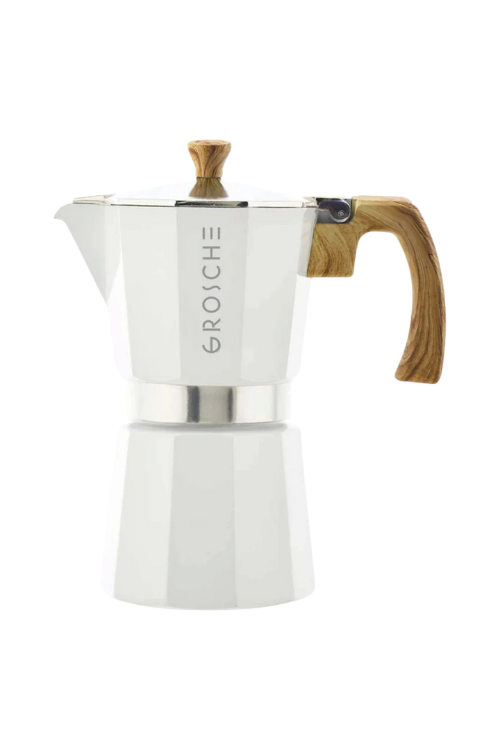 A white stovetop moka pot with a light brown wooden handle and lid knob, featuring the brand name 'GROSCHE' printed vertically on the front, set against a plain white background.