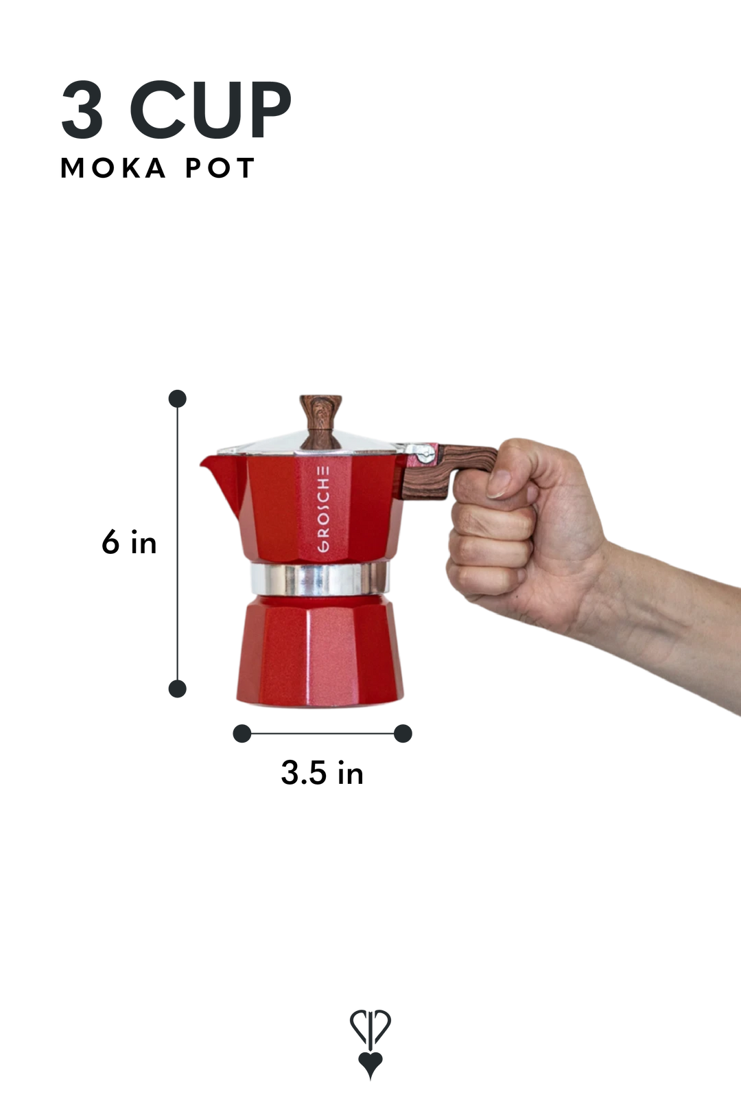 A red 3-cup moka pot with dimension labels showing 6 inches tall and 3.5 inches wide, held by a person's hand on a white background with text reading '3 CUP MOKA POT'.