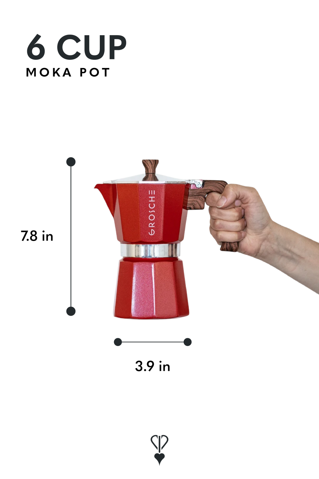 A red 6-cup moka pot with a hand holding its handle, shown with dimension lines indicating 7.8 inches tall and 3.