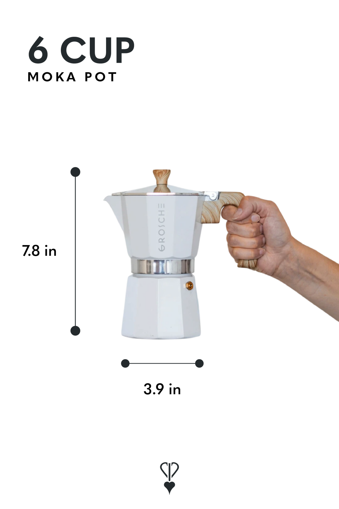 A white 6-cup moka pot with a wooden handle and lid knob, shown with a hand holding the handle. Black text at the top reads '6 CUP MOKA POT'.