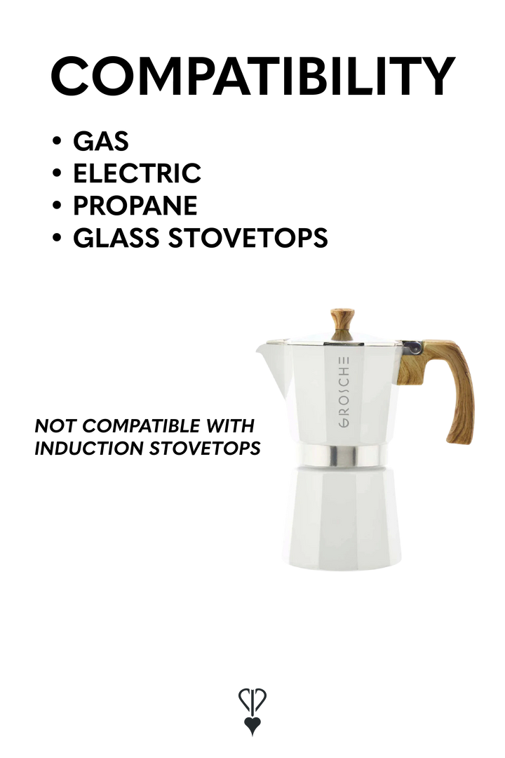 Compatibility graphic for a white stovetop moka pot, listing supported stove types (gas, electric, propane, glass stovetops) and noting incompatibility with induction stovetops. The pot is shown on a white background with a small logo at the bottom.