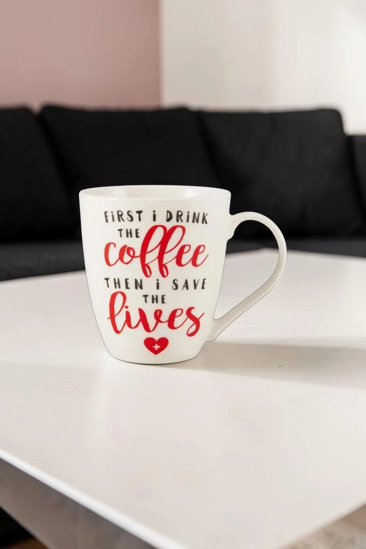 Pfaltzgraff “First I Drink the Coffee” 18oz Porcelain Barrel Mug