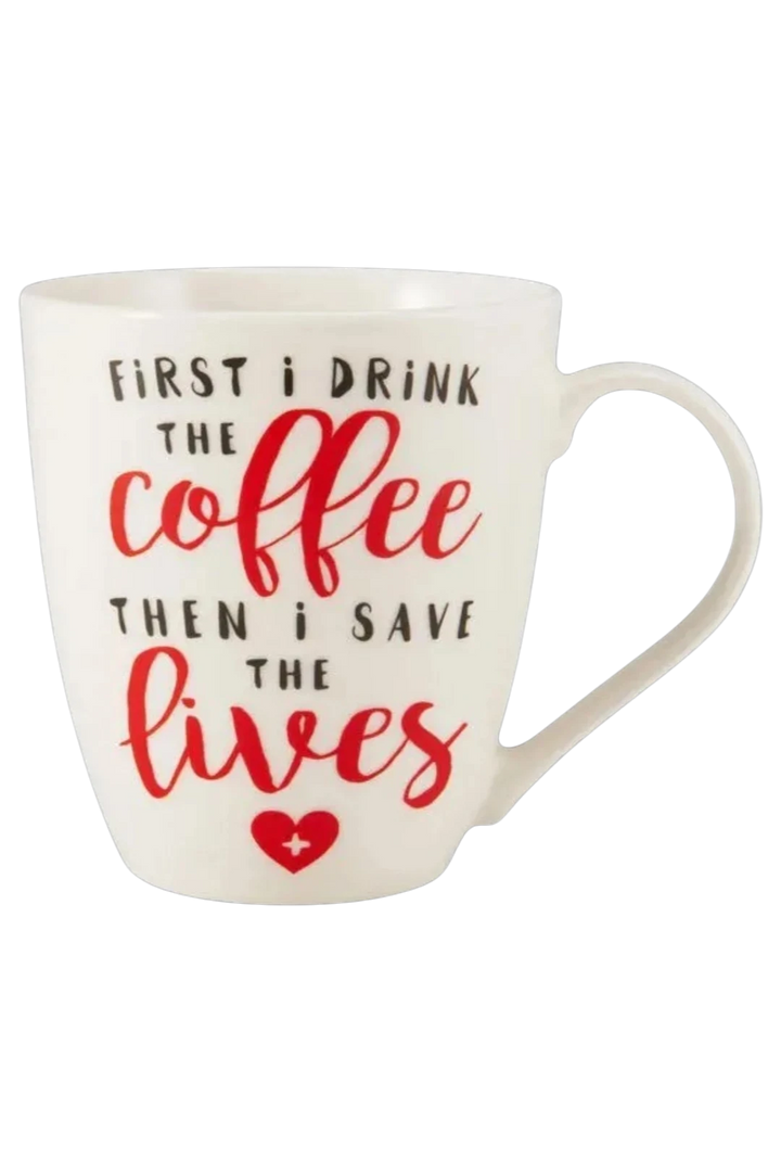 Pfaltzgraff “First I Drink the Coffee” 18oz Porcelain Barrel Mug