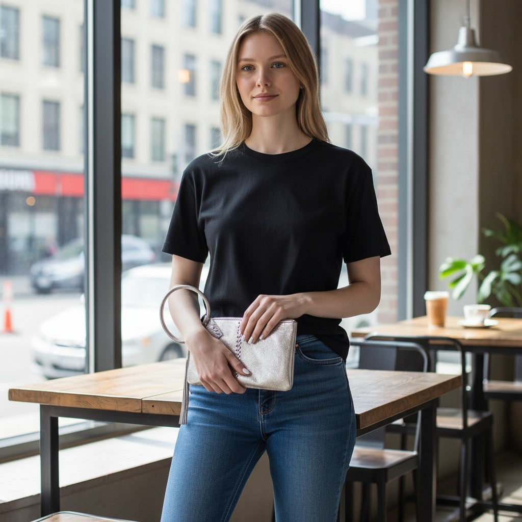 HOBO Sable Leather Wristlet in Distressed Platinum