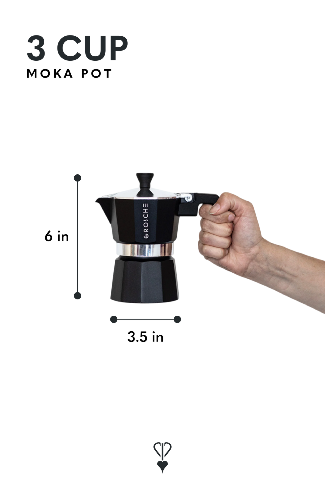 A black 3-cup moka pot with dimension labels showing 6 inches tall and 3.5 inches wide, with a hand holding the handle on the right.