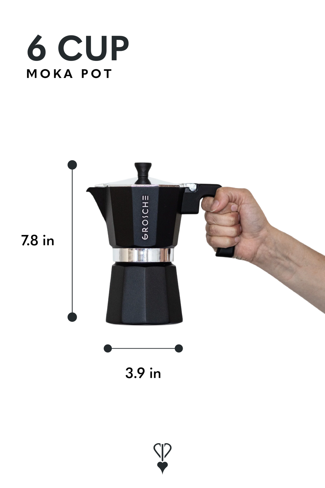 A black 6-cup moka pot with a hand gripping the handle, shown with dimension lines indicating a height of 7.8 inches and a width of 3.