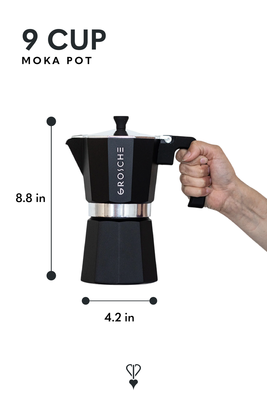 A black moka pot with a hand holding the handle to show scale, with dimension labels indicating 8.8 inches tall and 4.