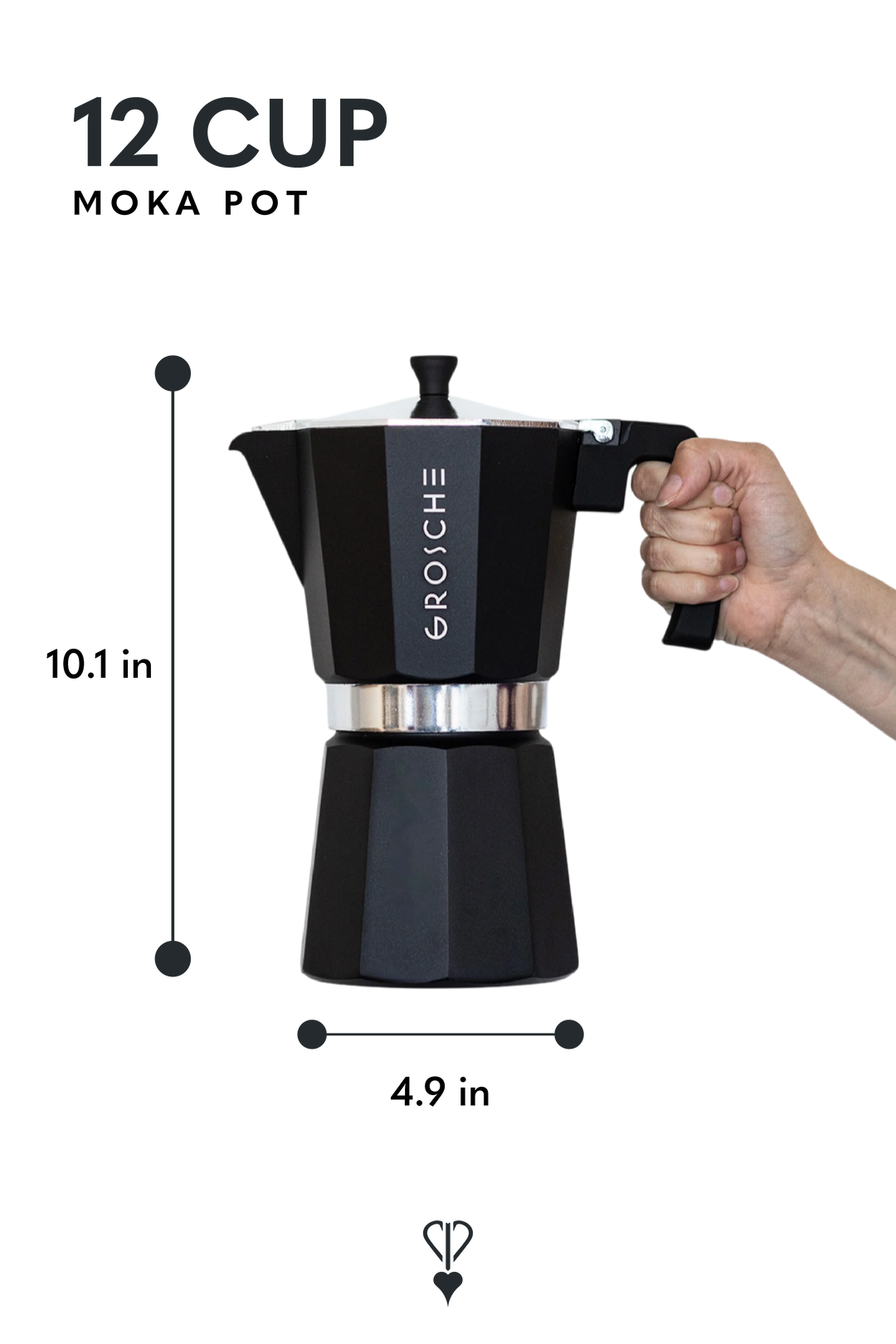 Black stovetop moka pot with a hand holding the handle, shown with dimension labels reading 10.1 in height and 4.