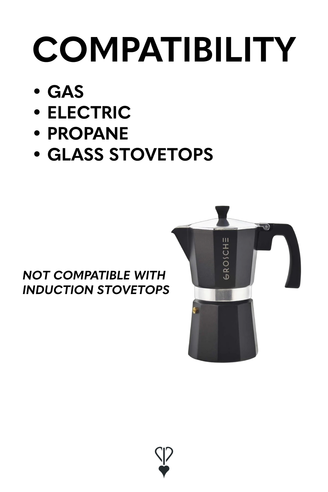 Compatibility graphic for a black moka pot stovetop coffee maker, listing supported stove types (gas, electric, propane, glass stovetops) and noting incompatibility with induction stovetops, on a white background.