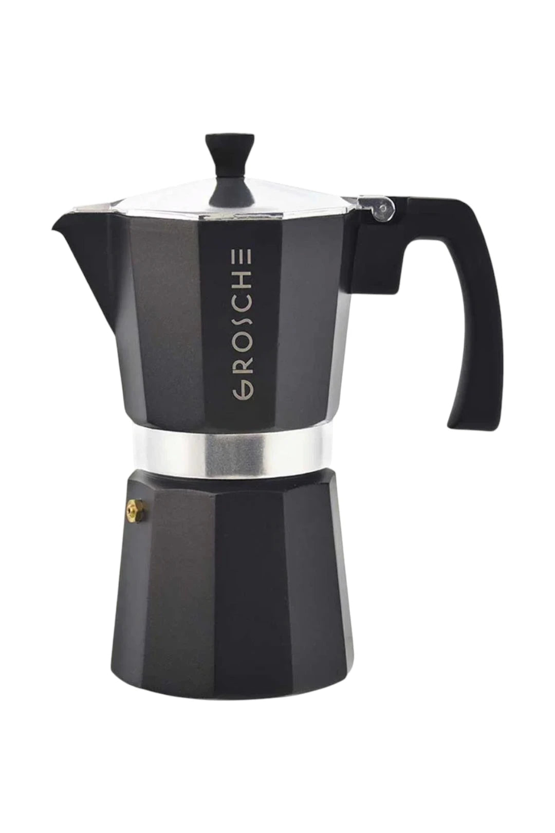 A black stovetop moka pot espresso maker with a silver metal band and a vertical 'GROSCHE' brand logo printed on the side, set against a plain white background.