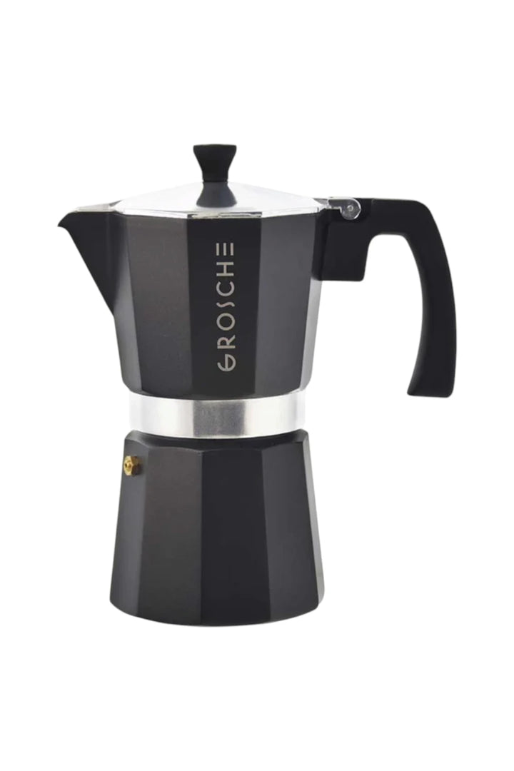 A black stovetop moka pot espresso maker with a silver metal band and lid, featuring the brand name 'GROSCHE' printed vertically on the side, set against a plain white background.
