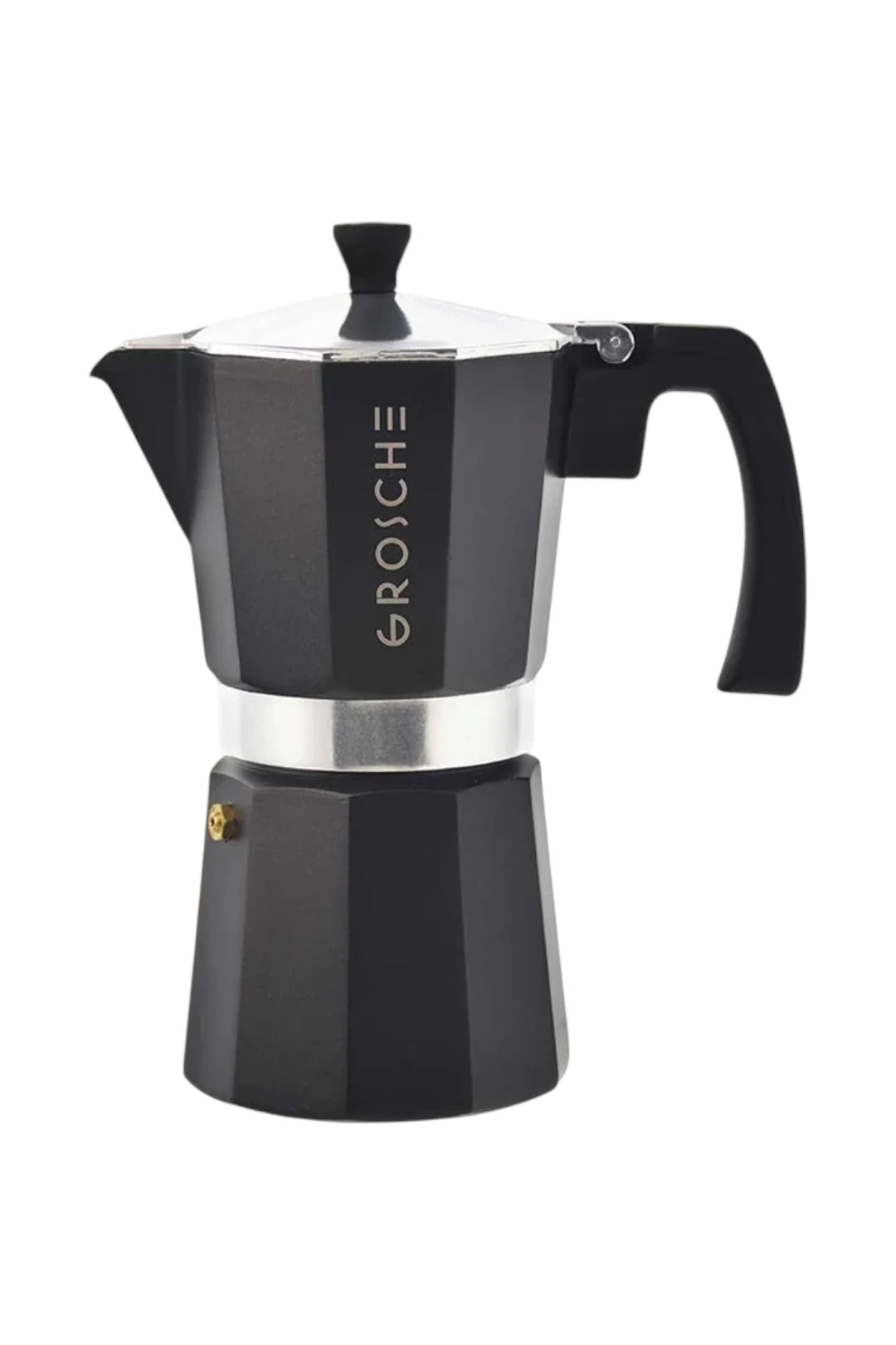 A black and silver stovetop moka pot espresso maker with the brand name 'GROSCHE' printed vertically on the side, set against a plain white background.