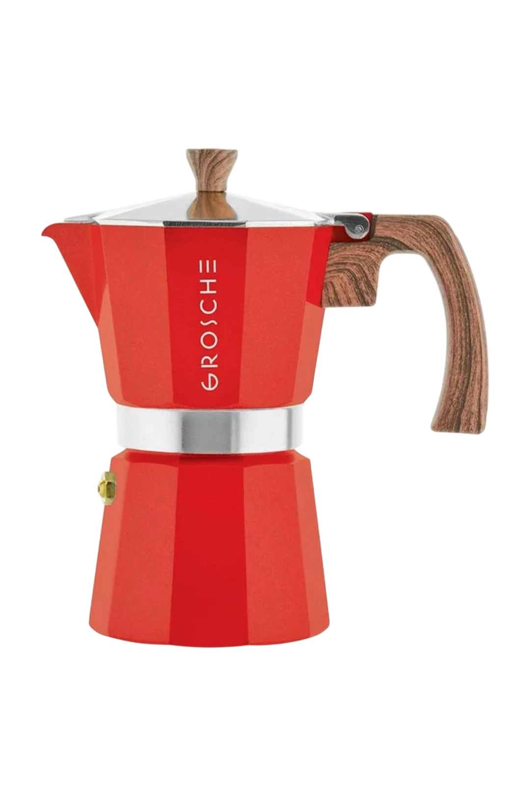 A red moka pot espresso maker with a wood-grain print handle and lid knob, featuring the brand name 'GROSCHE' printed vertically on the side, set against a plain white background.